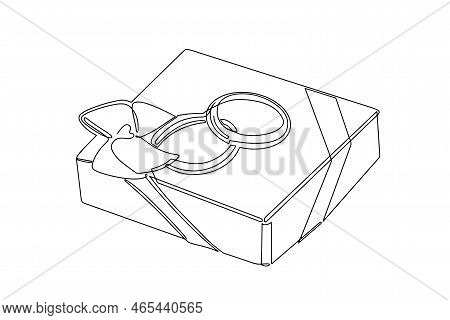 Wedding Rings On A Gift Box With A Bow. Continuous Drawing In One Line.