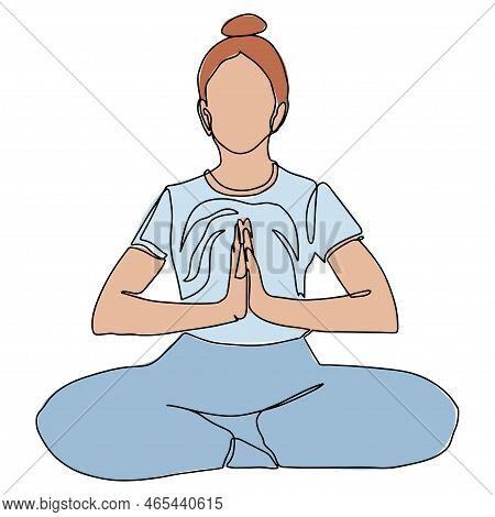 Girl In Yoga Lotus Pose. Vector Hand Drawn Illustration. Young And Happy Woman Meditates And Practic