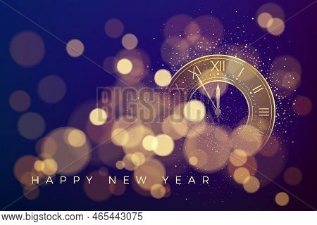 Happy New Year Greeting Card. Countdown To New Year On Clock. Lights, Sparkles And Effect Bokeh. Vec