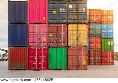 Cargo Containers. Cargo Container Yard. Stack Of Freight Containers At The Docks. Industrial Yard. I