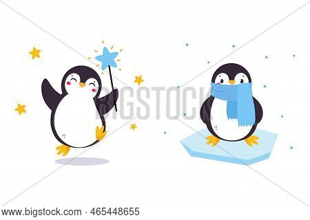 Cute Penguin With Red Cheeks Wearing Scarf On Ice Plate And Jumping With Magic Wand Vector Set