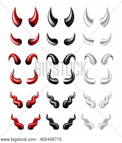 Black Horns Of Devil, Bull, Cow, Buffalo Realistic Set.