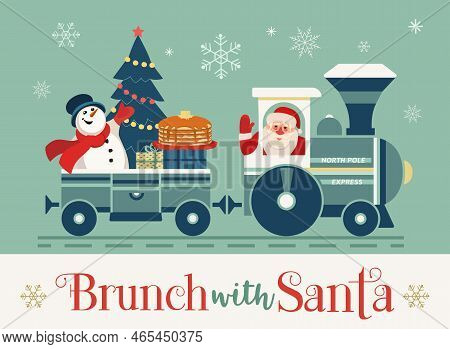 Brunch With Santa Festive Holiday Fancy Vector Poster. Santa Deliver Pancakes In Retro Train. Funny 