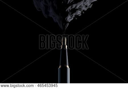 A Concept Showing A Fountain Pen Jetting Out A Swirling Plume Of Thick Ink On A Black Isolated Backg