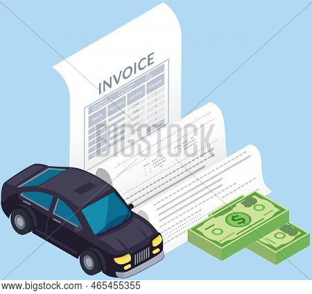 Car Near Check For Payment, Receipt For Purchase Of Vehicle. Buying Auto Using Bank Transaction. Onl