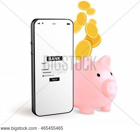 Online Banking. Mobile Phone With Internet Online Bank App. Piggy Bank With Hundred Dollar Bill On W