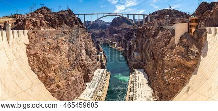 Panorama Of Mike O'callaghan-pat Tillman Memorial Bridge In Colorado River At Nevada And Arizona Bor