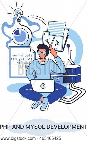 Php And Mysql Development Metaphor. Software Website Developer With Computer, Programmer Service, Op