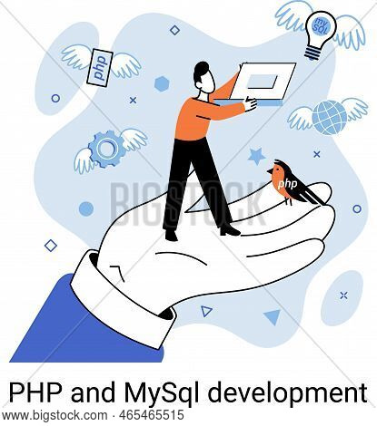 Php And Mysql Development Metaphor. Software Website Developer With Computer, Programmer Service, Op