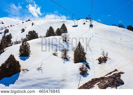 Cable Car To The Beldersay Mountain In Chimgan Region Near Taskent City In Uzbekistan In Spring