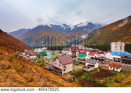 Terskol Aerial Panoramic View. Terskol Is A Village Located At The Foot Of Mount Elbrus, The Highest