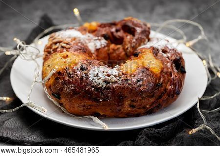 Typical Portuguese Fruit Cake Bolo Rainha On White Plate