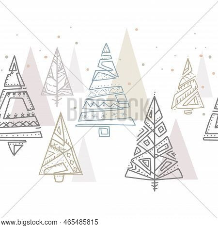 Seamless Christmas Winter Pattern In Scandinavian Style.stylized Christmas Trees,abstract Shape Line