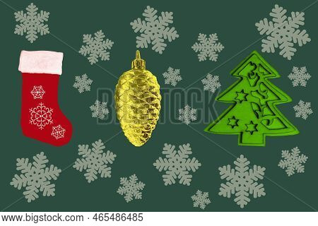 Contemporary Artbackground With Colored Christmas Attributes. Concept Of Holidays, Party, 2023 New Y