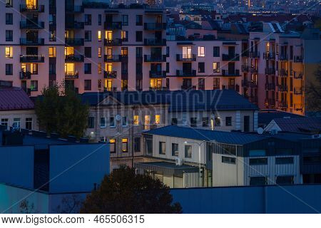 Apartment Blocks In The Sleeping District At Night Time. Urban Aerial Cityscape At Dusk, Rising Elec