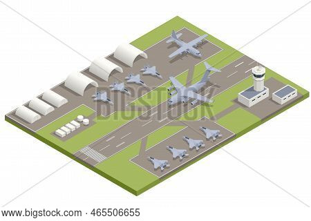 Isometric Military Fighter Jet Aircrafts, Large Military Transport Aircraft, Parked. Military Air Fo