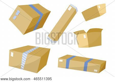 Cardboard Boxes Of Different Shapes Vector Illustrations Set. Empty Square And Rectangular Packaging