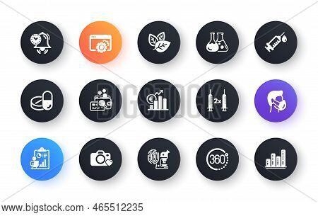Minimal Set Of Fingerprint Research, Photo Camera And Medical Syringe Flat Icons For Web Development