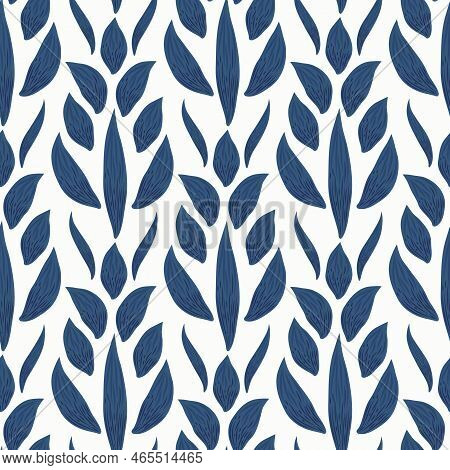 Modern Vector Damask Style Leaf Or Petal Seamless Vector Pattern. Blue White Background With Hand Dr