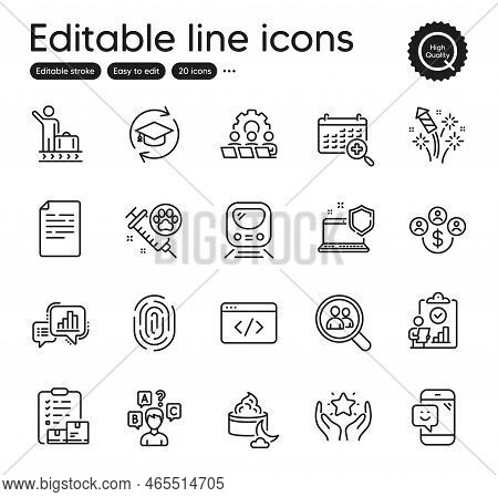 Set Of Business Outline Icons. Contains Icons As Night Cream, Fingerprint And Fireworks Rocket Eleme