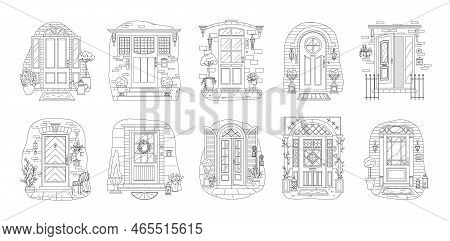 House Doors Vector Set, Vintage Doorway Front Entrance, Wooden Entry With Glass Window, Frame And Do