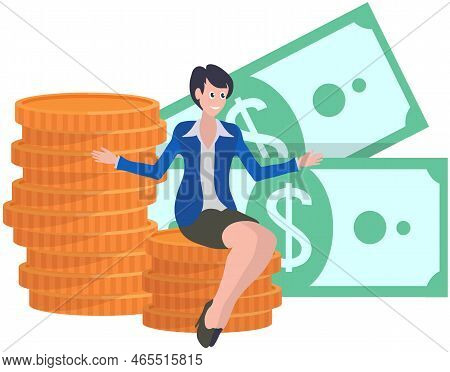 Successful Business Woman Sitting On Gold Coin. Character With Money Cash. Prosperous Investor Or En