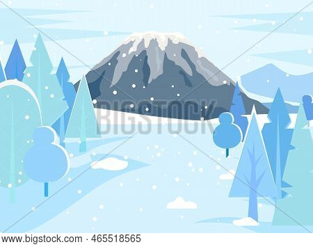 Mountain Landscape, Abstract Winter Panoramic View. Snowy Mountainside Forest Background. View Of Ro