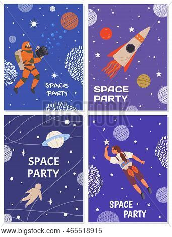 Postcards With Atronauts And Rockets. Greeting Cards Or Invitations To Party In Cosmic Style. Creati