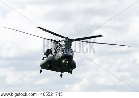 Liepaja, Latvia - August 7, 2022: An Royal Air Force Chinook Helicopter Display Its Flying Potential