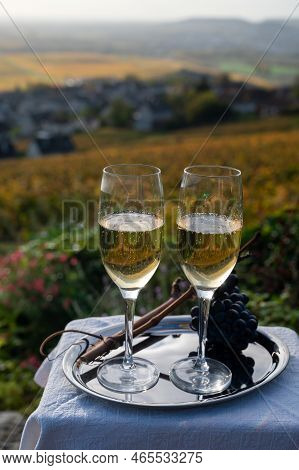 Tasting Of Premier Cru Sparkling White Wine With Bubbles Champagne On Outdoor Terrace With View On C