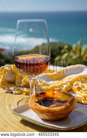 Portugal's Traditional Food And Drink, Glass Of Porto Wine Or Muscatel De Setubal And Sweet Dessert