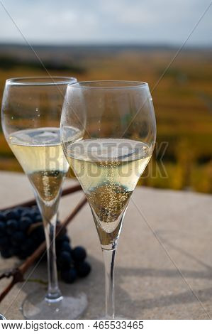 Tasting Of White Brut Champagne Wine Outdoor With View On Colorful Autumn Pinot Noir Grand Cru Viney
