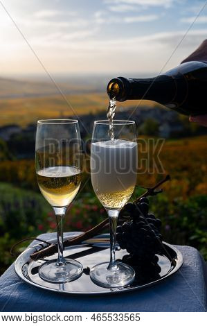 Tasting Of Premier Cru Sparkling White Wine With Bubbles Champagne On Outdoor Terrace With View On C