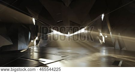 Futuristic Hall Door Tunnel Basement With Sun Light And Rays 3d Render Illustration