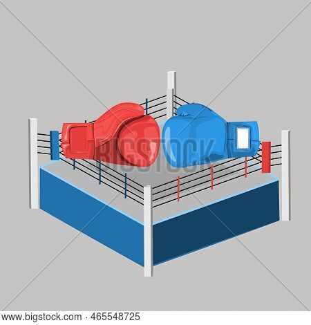 Boxing Ring Between Red And Blue Boxing Gloves. Vector Illustration.