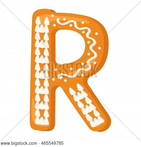 Letter R Made From Glazed Gingerbread. Festive Font, Symbol Of Happy New Year And Christmas, Sign An