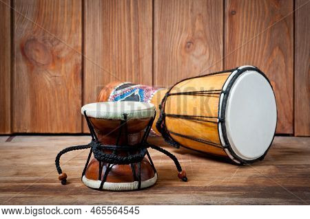 Damaru And Djembe Drums, Percussion And Musical Instruments.