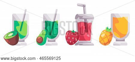 Fresh Fruit Juice Set Collection Of Kiwi Avocado Strawberry And Pineaple Drink