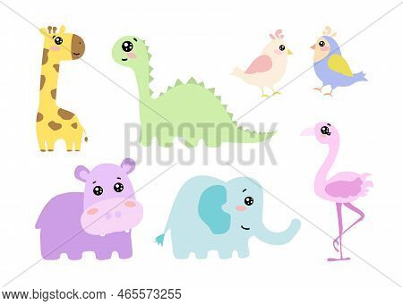 Animals With Cute Eyes And Blush On Cheeks Vector Set. Cartoon Illustrations Of Different Animals Wi