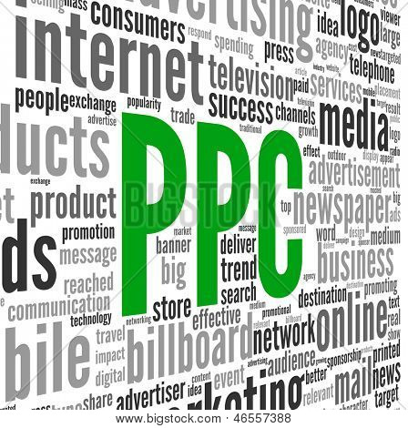 PPC-Werbung-Konzept bei der Wort-Tag-Cloud auf weiß