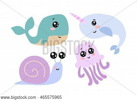 Animals With Cute Eyes And Blush On Cheeks Vector Set .cartoon Illustrations Of Different Animals Wi