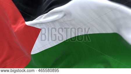 Close-up View Of The Palestine National Flag Waving. The State Of Palestine Is A State Located In We