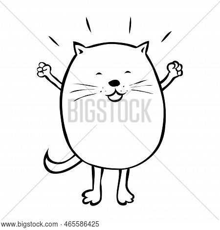 Fat Tabby Cat. Cheerful And Joyful Character. Fed Up Pet. Cartoon Vector Illustration. Hand Drawn Bl