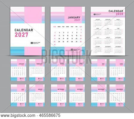 Calendar 2027 Template Set And 2028 Year Pastel Concept, Wall Calendar 2027, Desk Calendar 2027 Set,