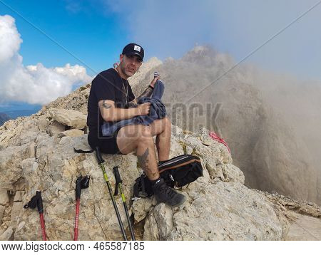 Gran Sasso, Italy - August 6, 2022: The Extreme Trekking To Vetta Occidentale Of Corno Grande, 2912 