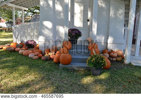 Beautiful And Natural Decoration For Halloween On The Stairs Of Old, White House