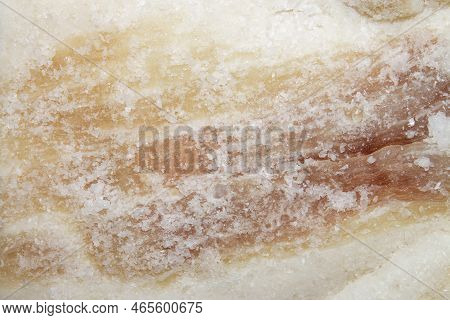 Ukrainian Lard With Salt And Garlic.homemade Lard In Salt, Top View.a Piece Of Frozen Bacon.the Text