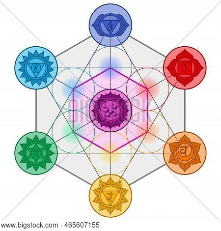 Vector Design Of Metatron Symbol, Sacred Geometry, Geometric Figure Of Metatron With Chakra Symbols