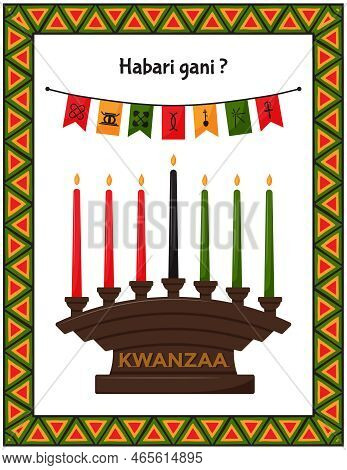 Greeting Card With Traditional Candle Holder - Kinara And Flags With Signs Of Kwanzaa Principles. Ha