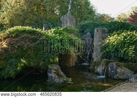 Scenic Japanese Style Gardens With A Waterfall In The Park Of Bietigheim-bissingen, Baden-wuerttembe